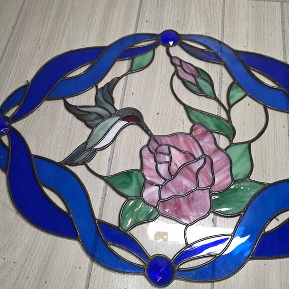 Vtg Humming Bird And Rose Stained Glass Oval Leaded Antique? 16x22" Read - Picture 6 of 13
